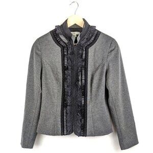 Coldwater Creek Womens Sz 8 Ponte Knit Ruffled Lace Blazer Jacket Stretch m Gray